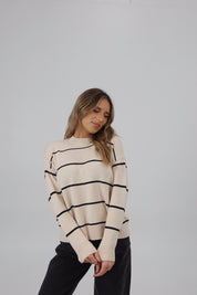 Striped Long Sleeve Sweater in Beige/Black