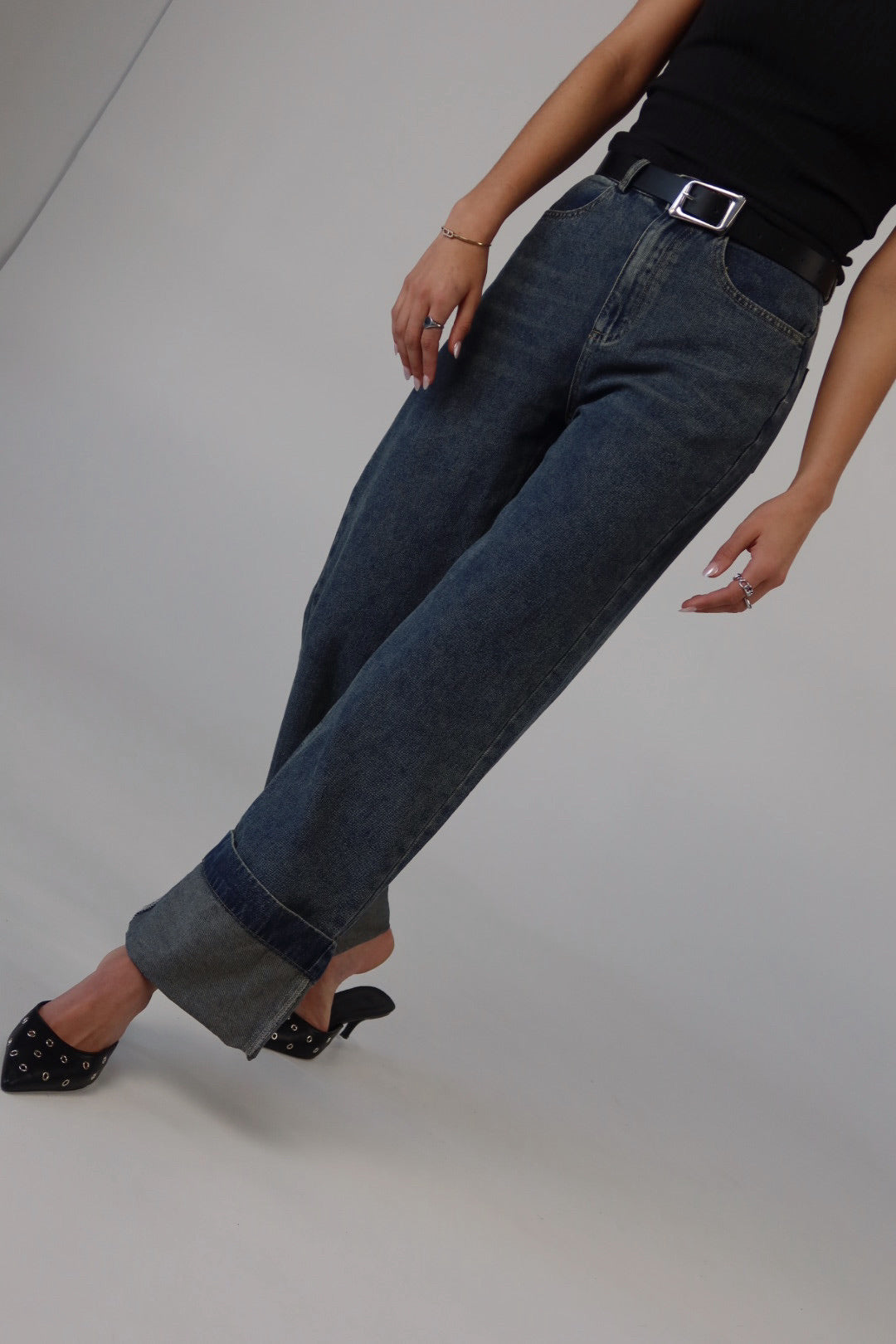 Fold-Over Washed Denim Pants