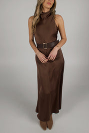 Carmen Belted Satin Maxi Dress