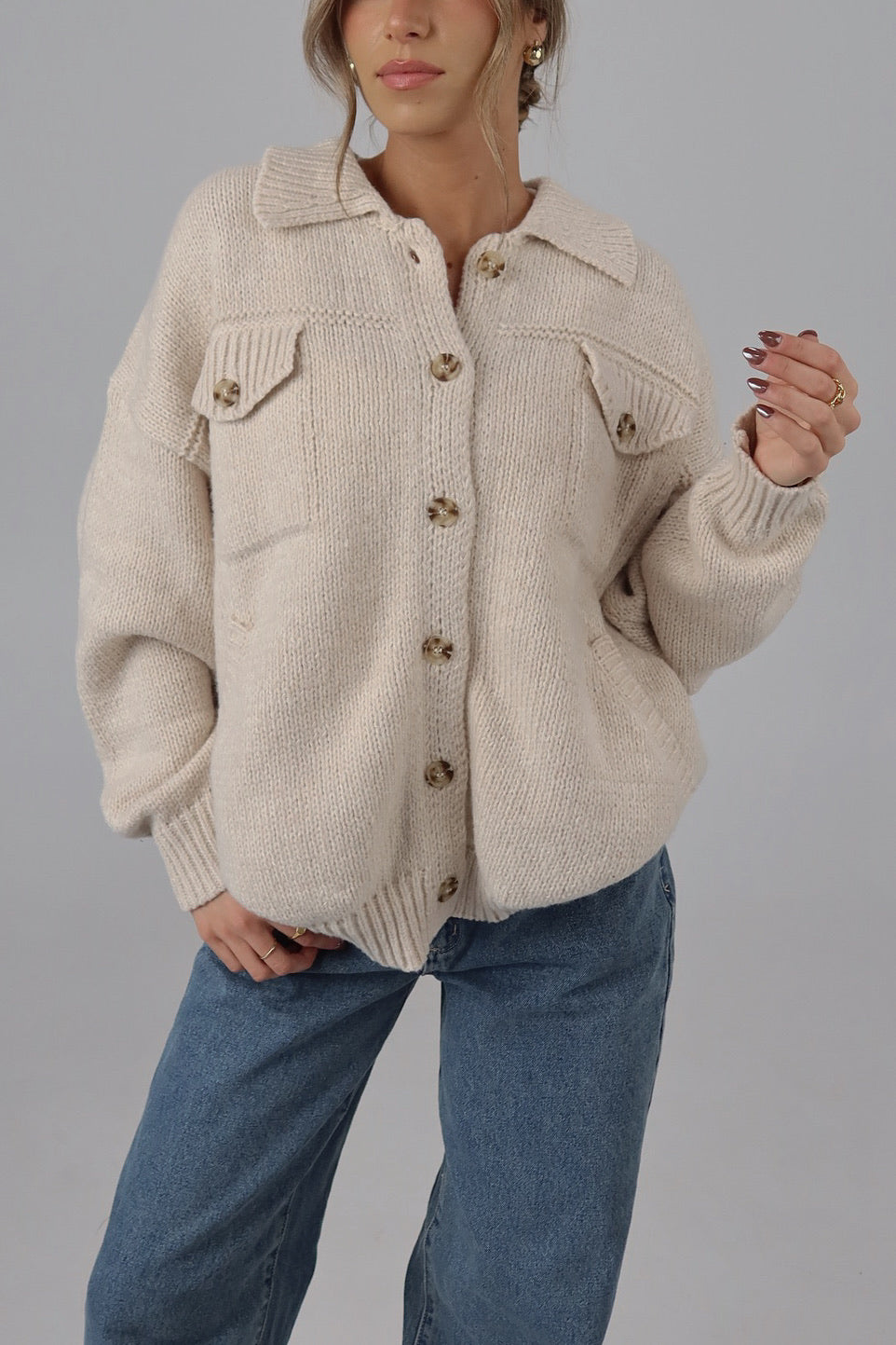 Casen Collared Button Up Knit in Cream