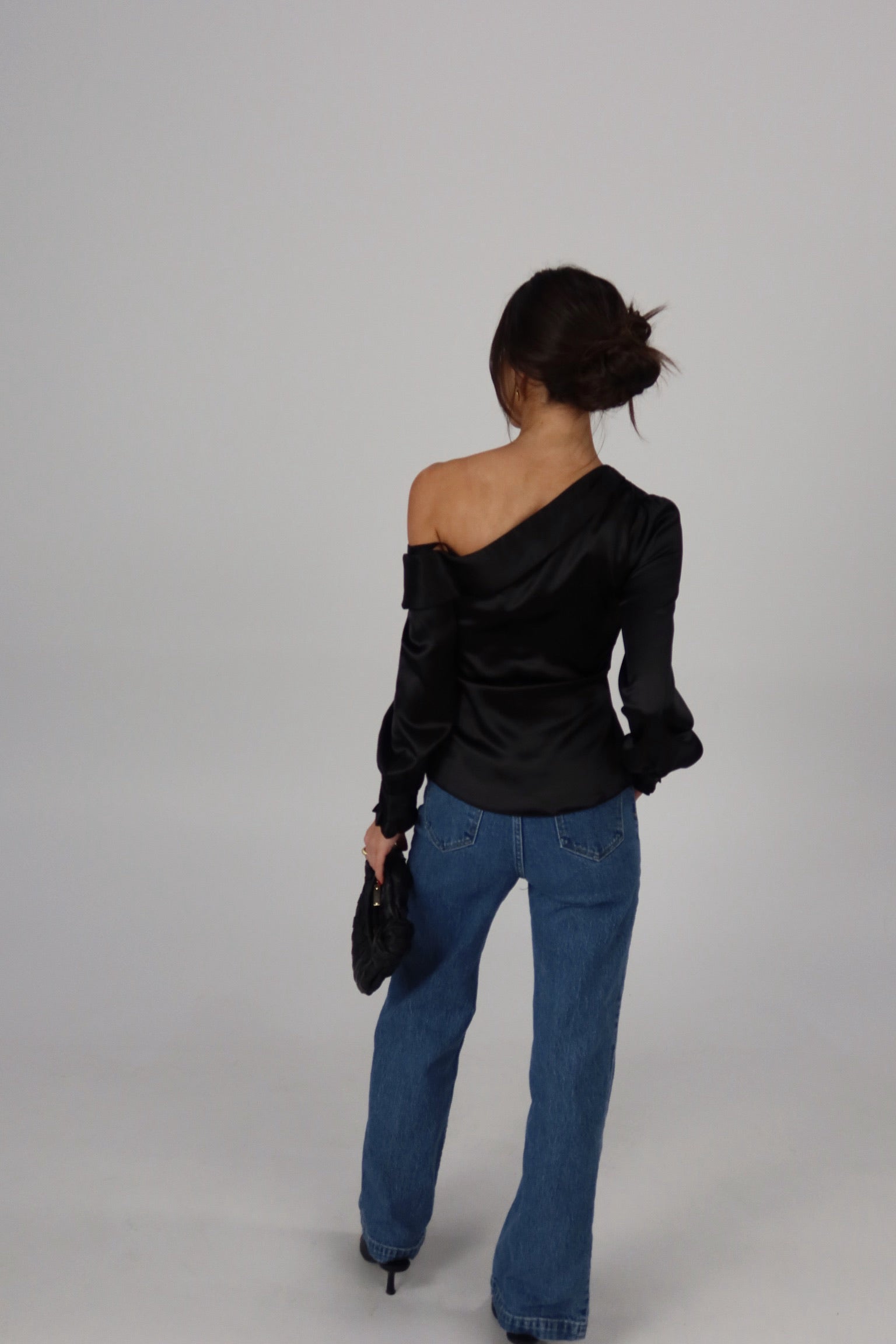 Black Satin Off Shoulder Long Sleeve Top