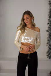 Champagne Hour Off-Shoulder Sequin Top