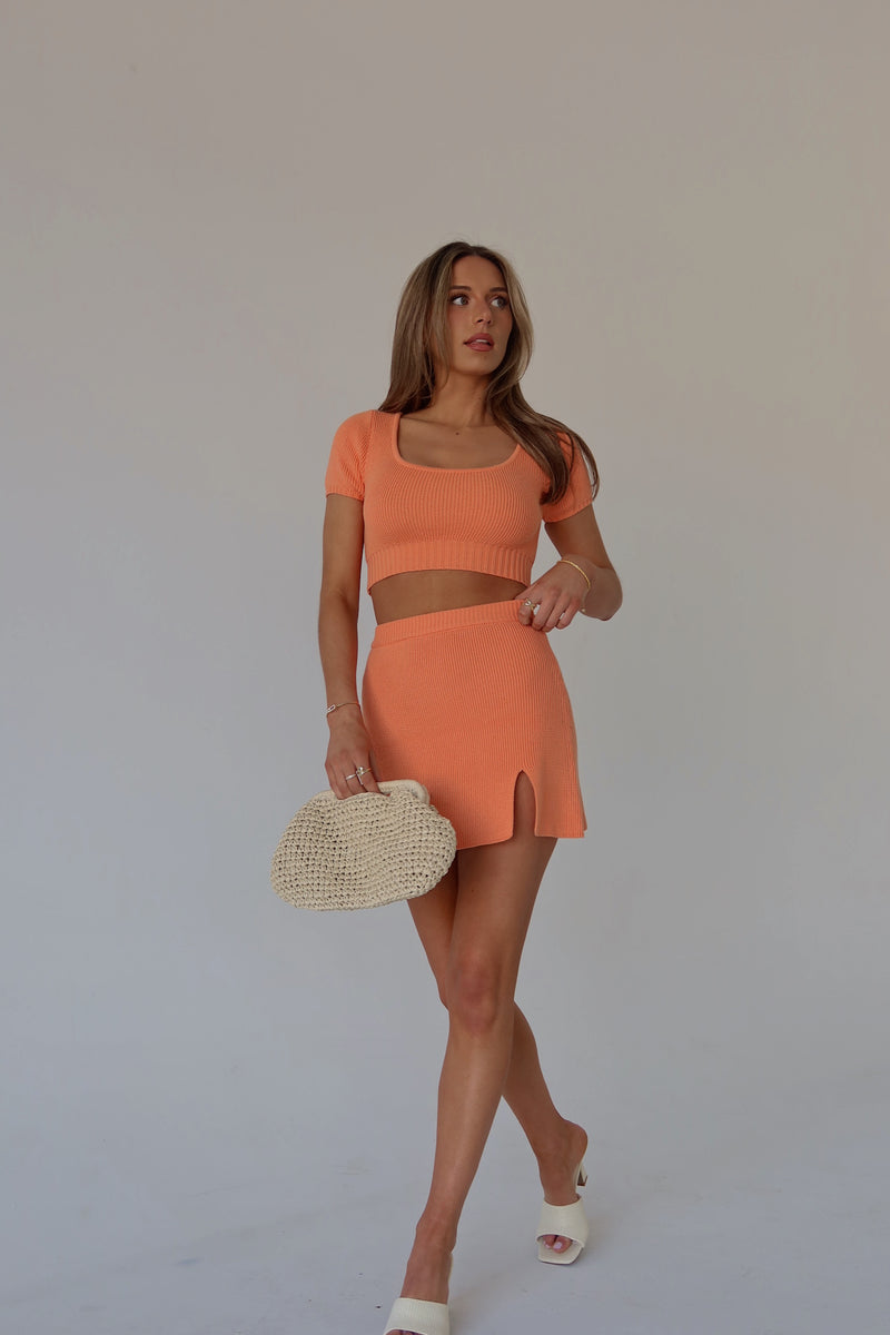 Tia Orange Knit Top And Skirt Set