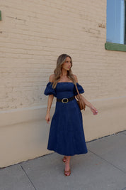 Denim Dreams Puff Sleeve A-Line Midi Dress