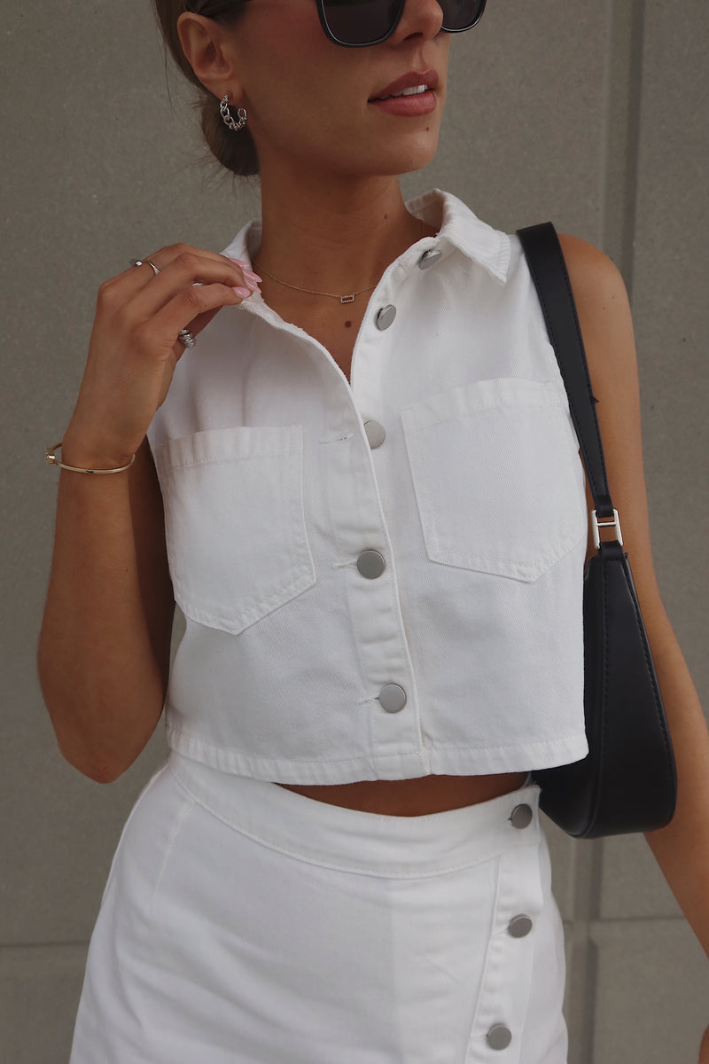 White Denim Button Down Top and Skirt Set