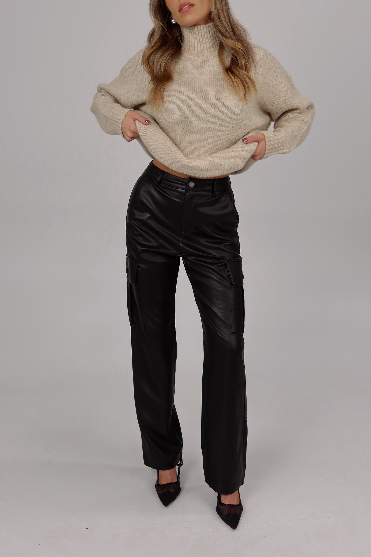 High-Rise Vegan Leather Cargo Pants