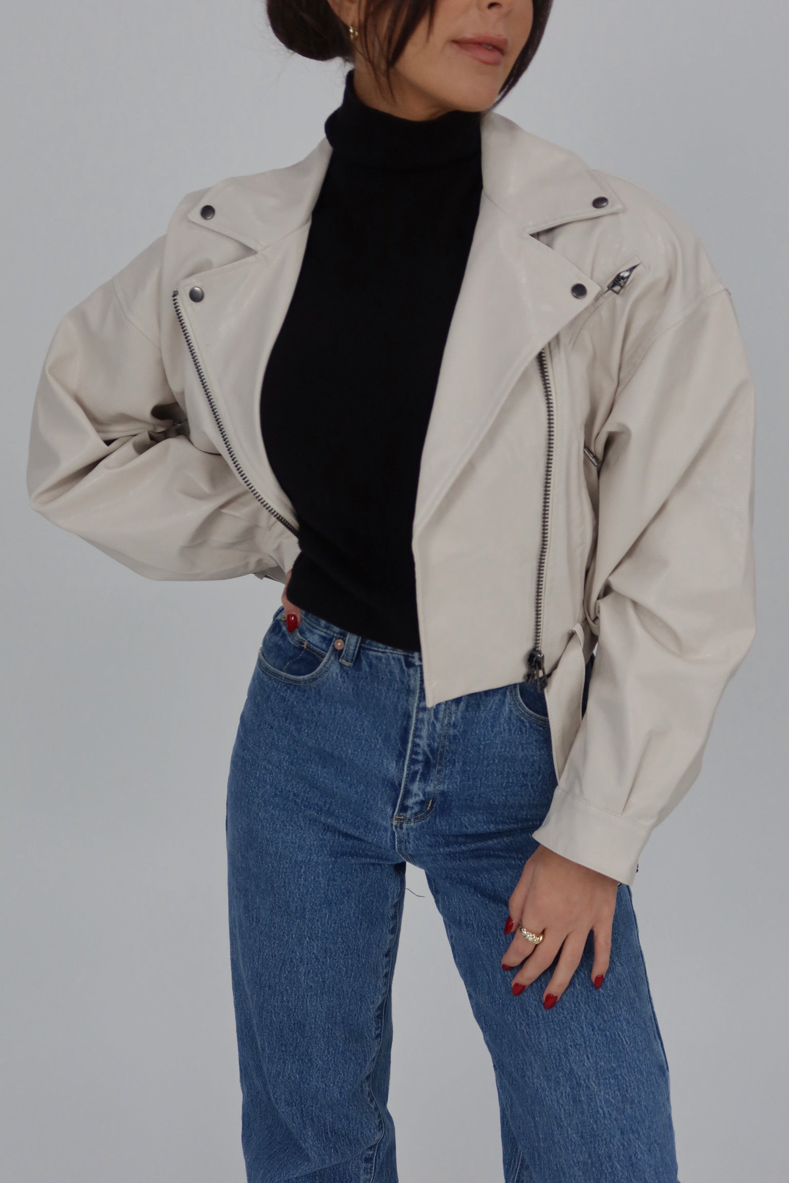 Classic Vegan Leather Jacket in Stone