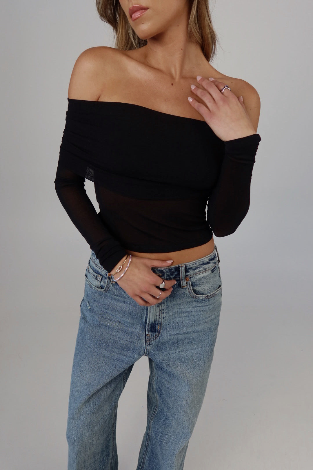 Sheer Off-Shoulder Mesh Foldover Top in Black