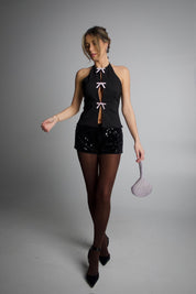 Holiday Bow Detail Halter Top In Black
