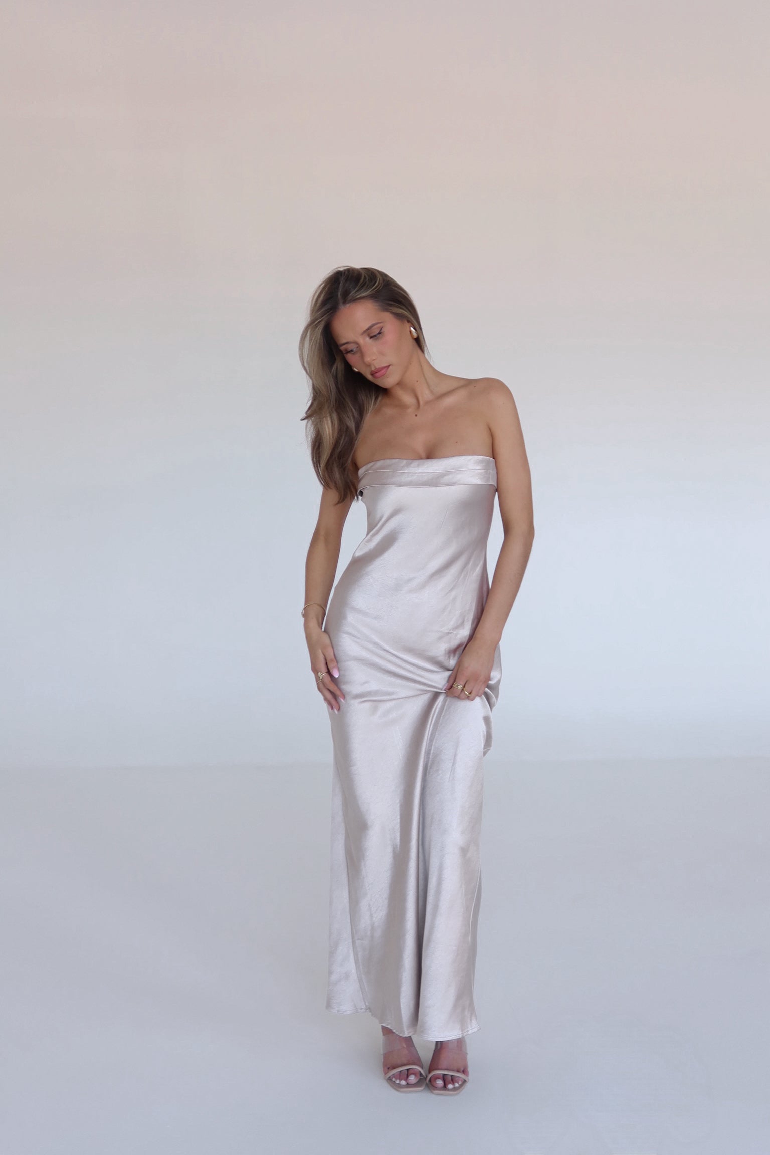 strapless silk dress Ecru Strapless Satin Maxi Dress – Madida Clothing