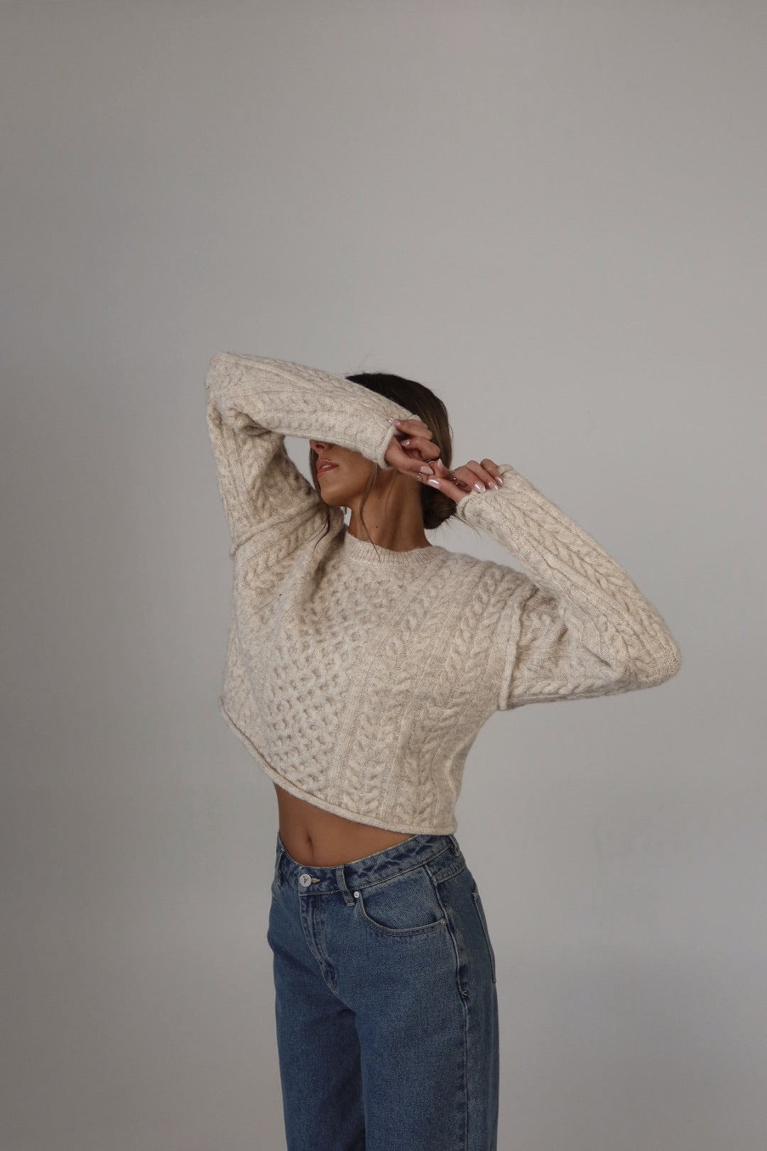 Eco Cable Knit Crew Sweater in Natural