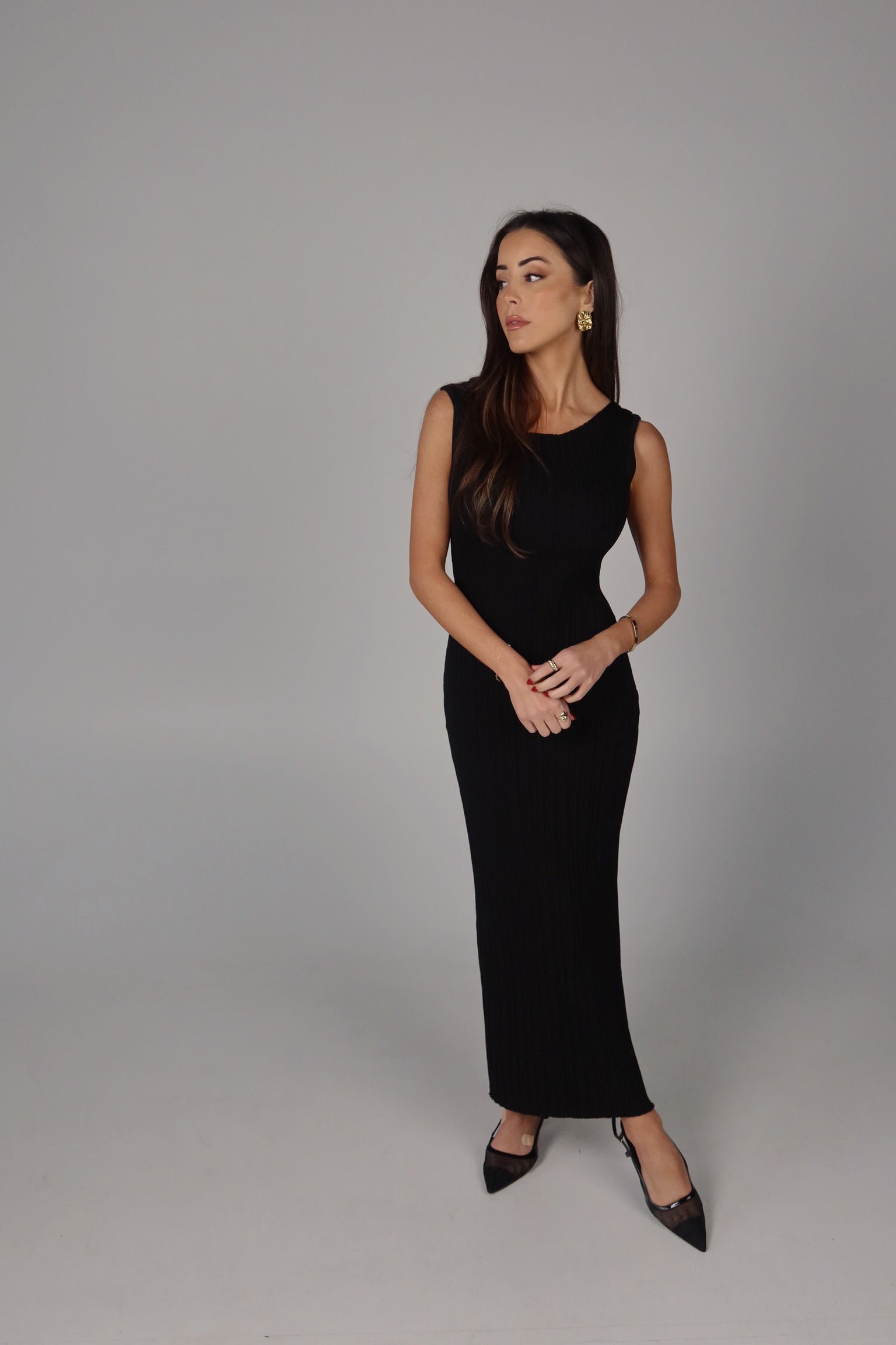 Payton Rib Knitted Midi Dress in Black