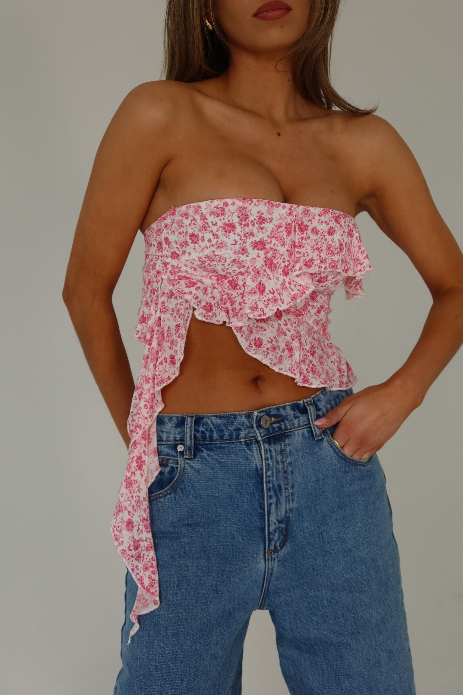 RESTOCKED :Zoey Pink Floral Strapless Top