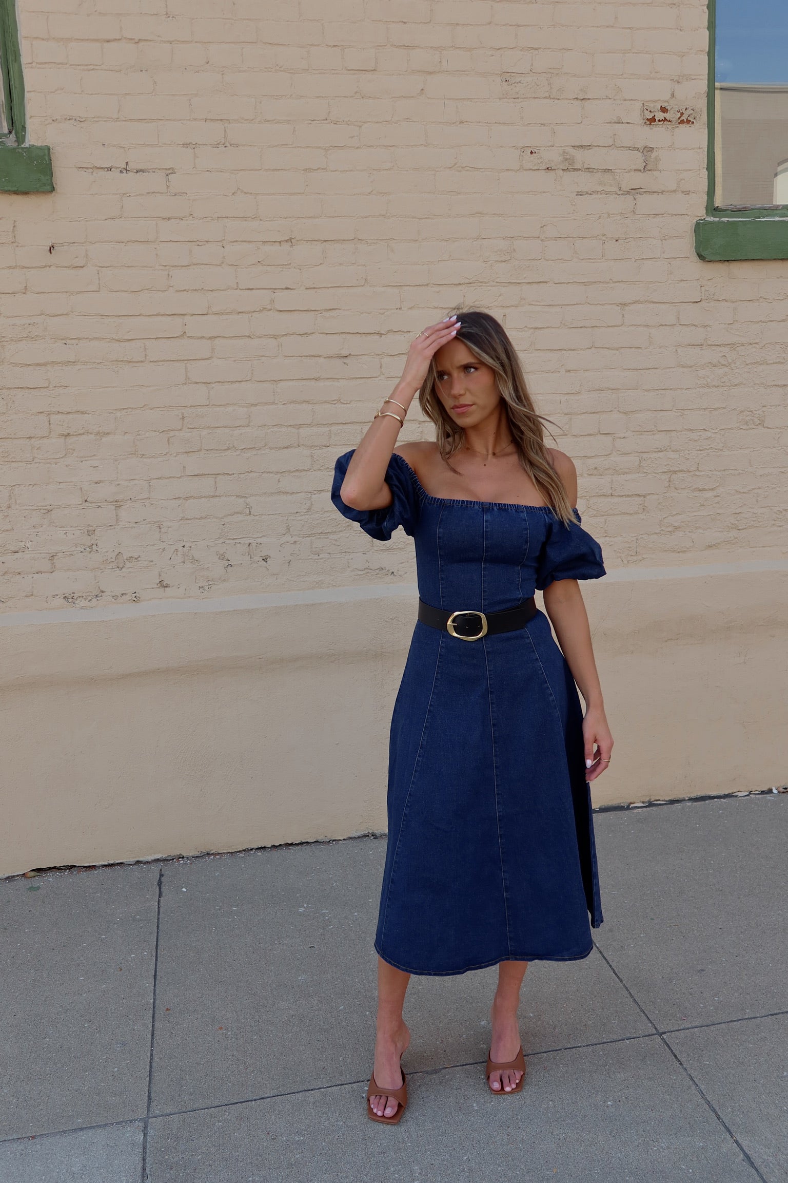 Denim Dreams Puff Sleeve A-Line Midi Dress