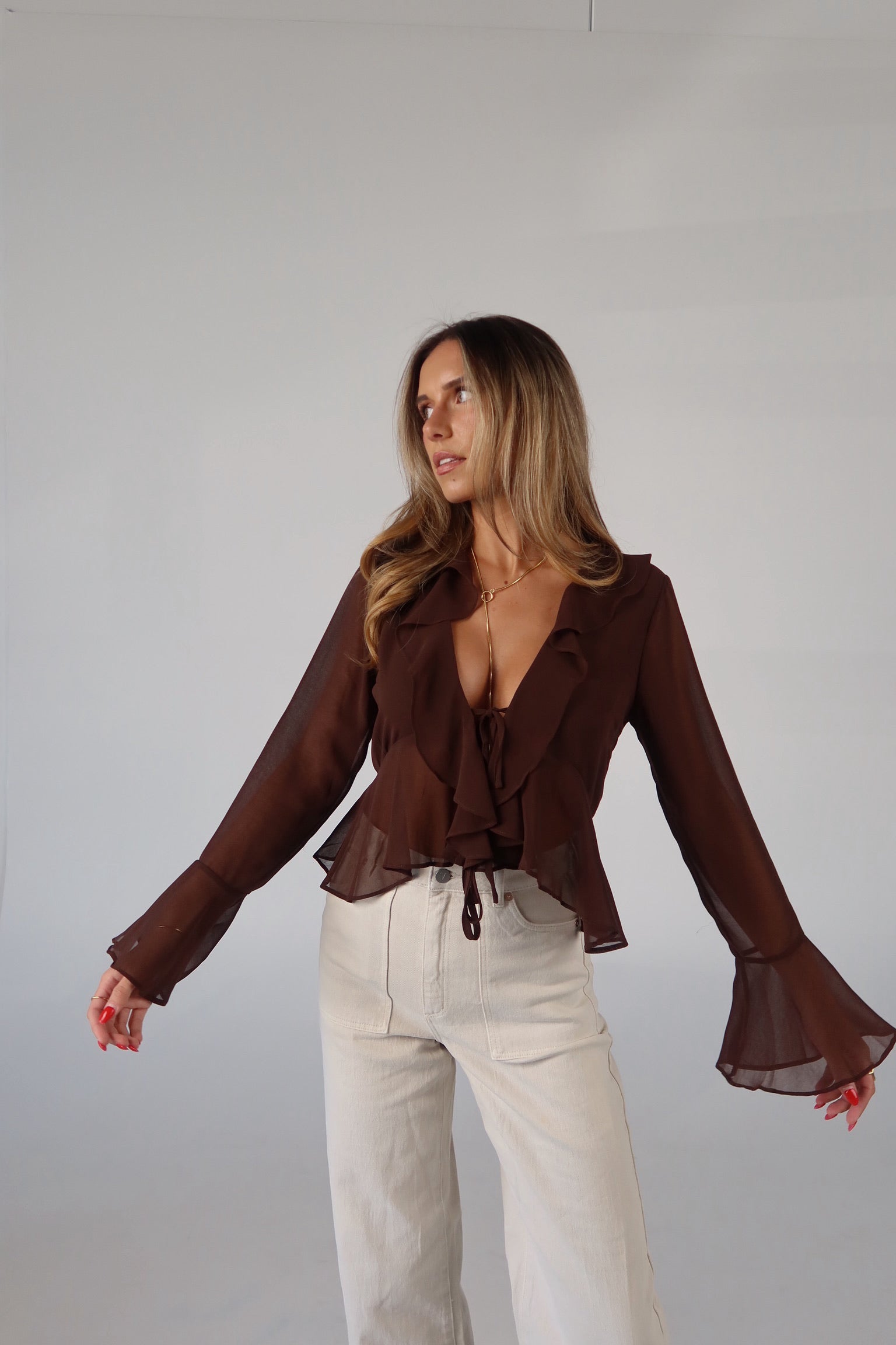 Brown Chiffon Tie-Front Top