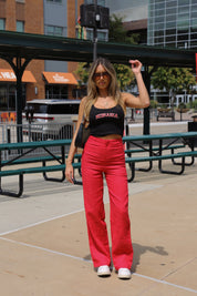 Red High Rise Linen Pant