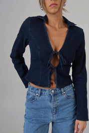 Stretch Denim Tie-Front Collared Top