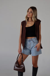 Brown Sleeveless Button-Down Sweater