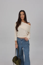 Ivory Off-Shoulder Foldover Knit