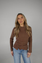 Mocha Asymmetrical Ruched Sweater Top