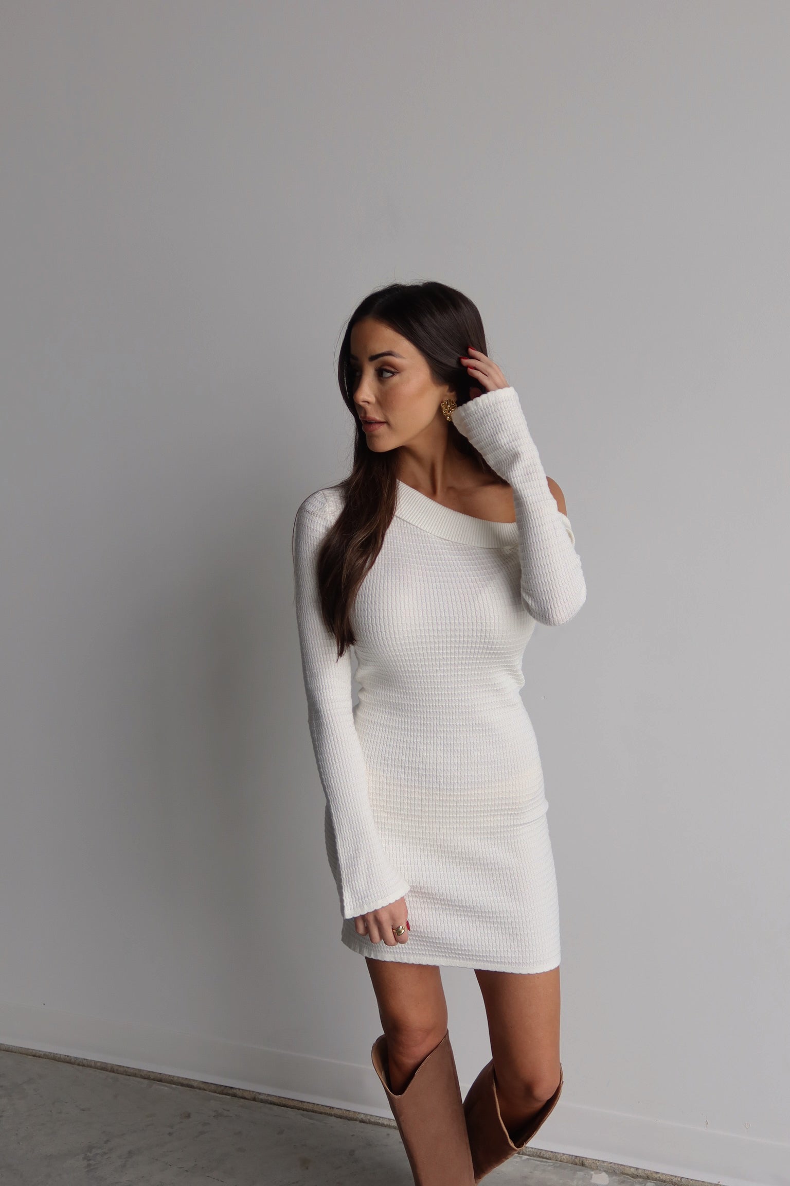 Asymmetric Knit Flutter Dress in White