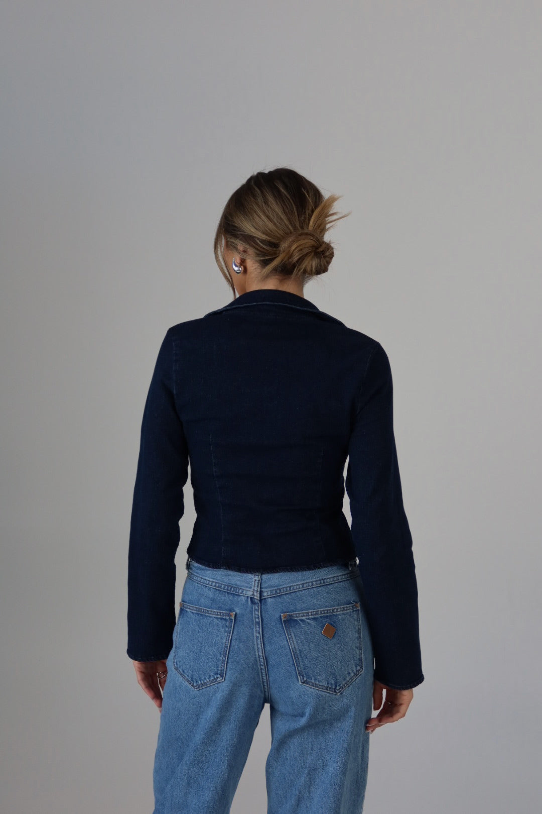 Stretch Denim Tie-Front Collared Top