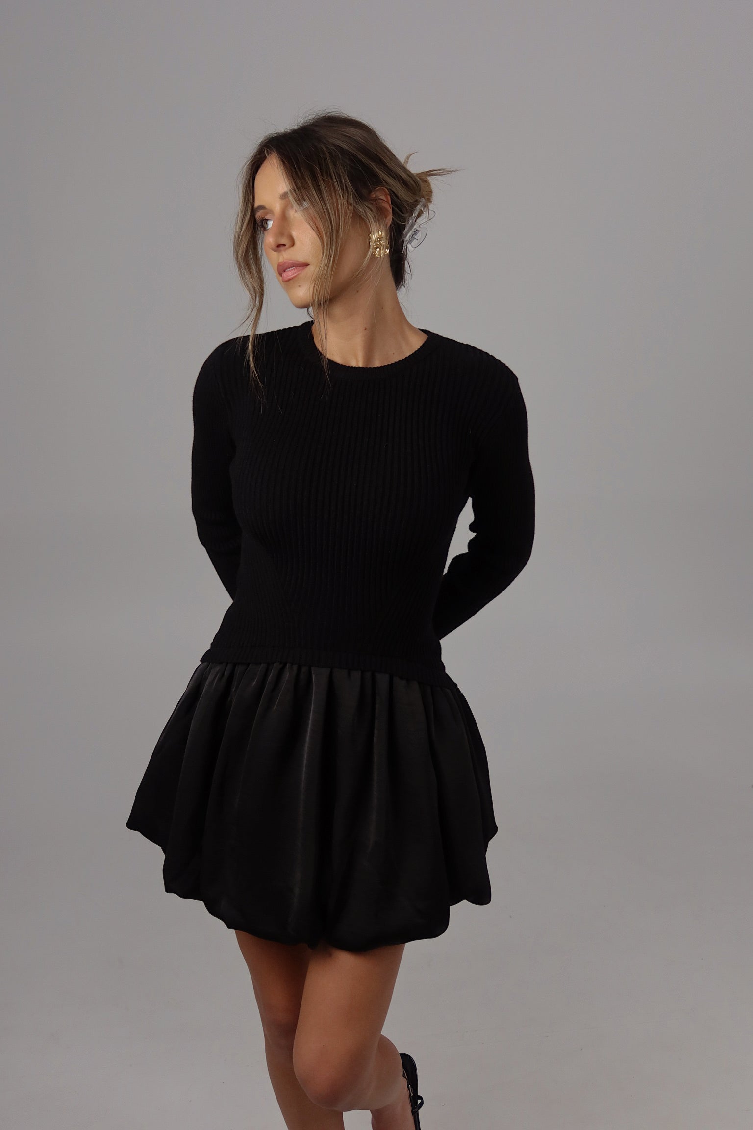 Lane Long Sleeve Knit Bubble Dress in Black