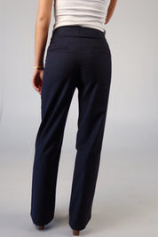 Navy Plaid High-Waisted Trousers