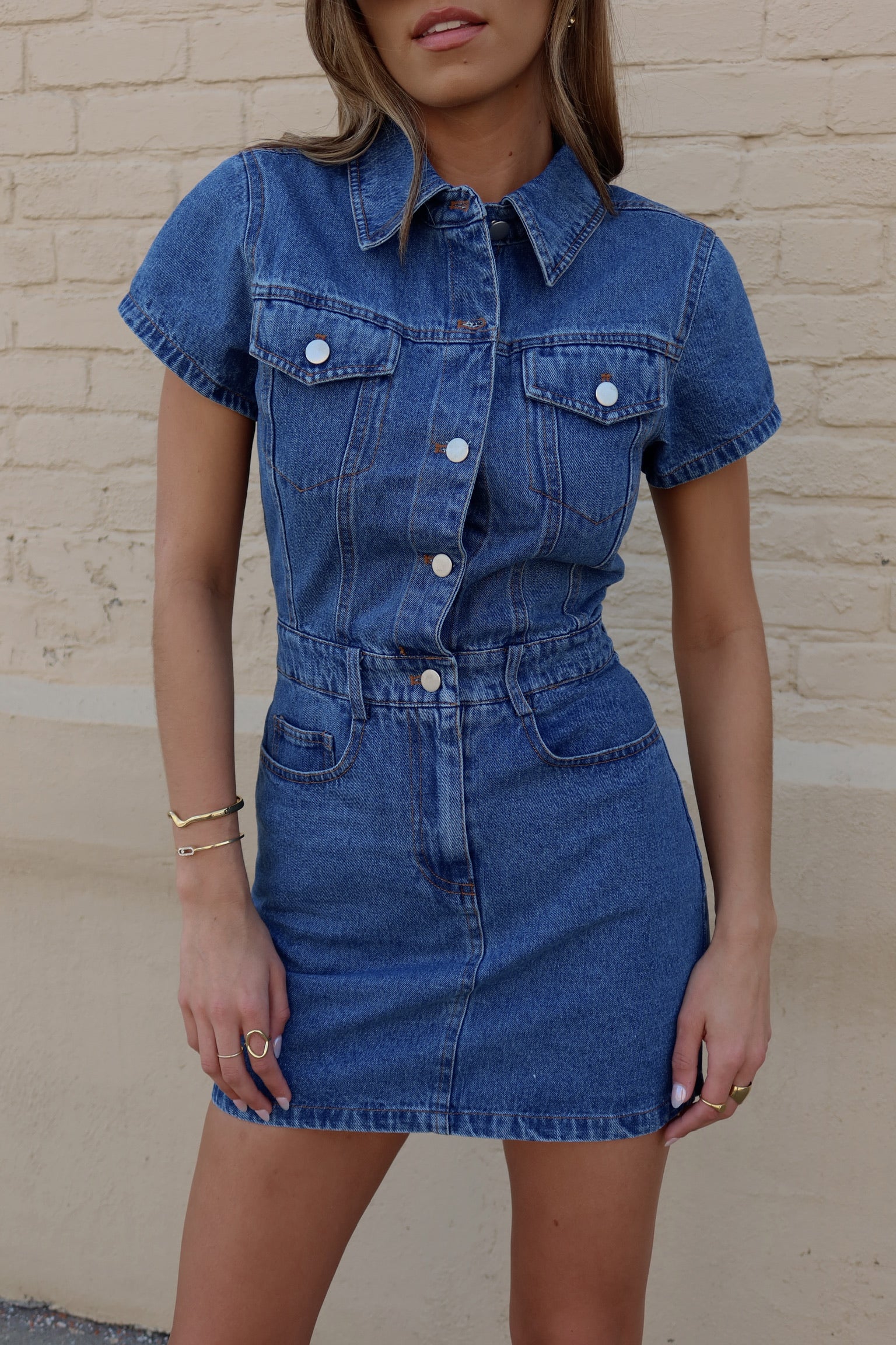 Medium Wash Short Sleeve Denim Mini Dress