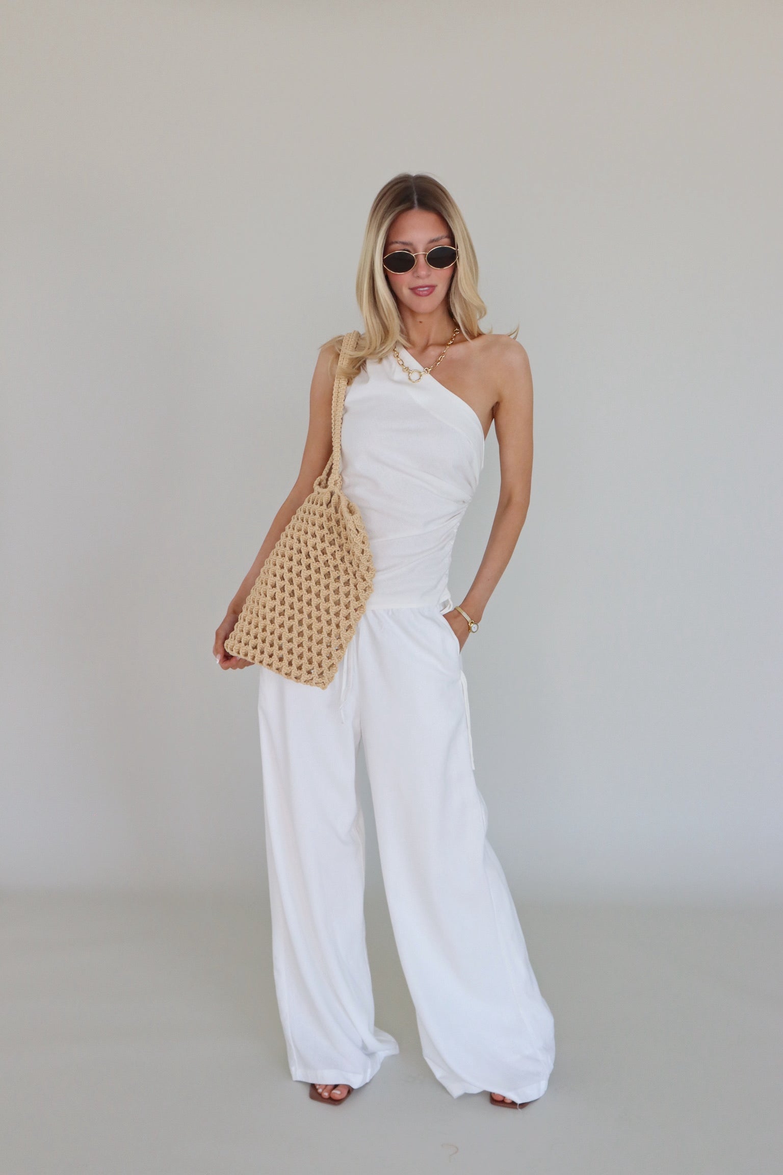 Inez Linen One Shoulder Top in Ivory