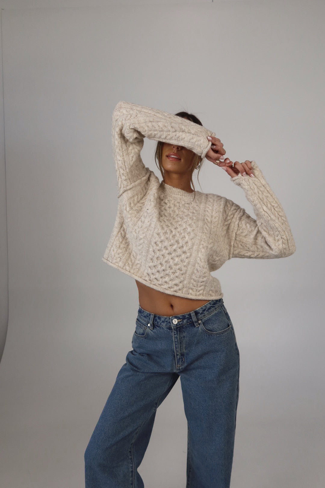 Eco Cable Knit Crew Sweater in Natural