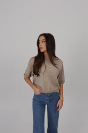 Sela Short-Sleeve Sweater Top in Mocha