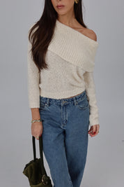 Ivory Off-Shoulder Foldover Knit