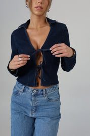 Stretch Denim Tie-Front Collared Top