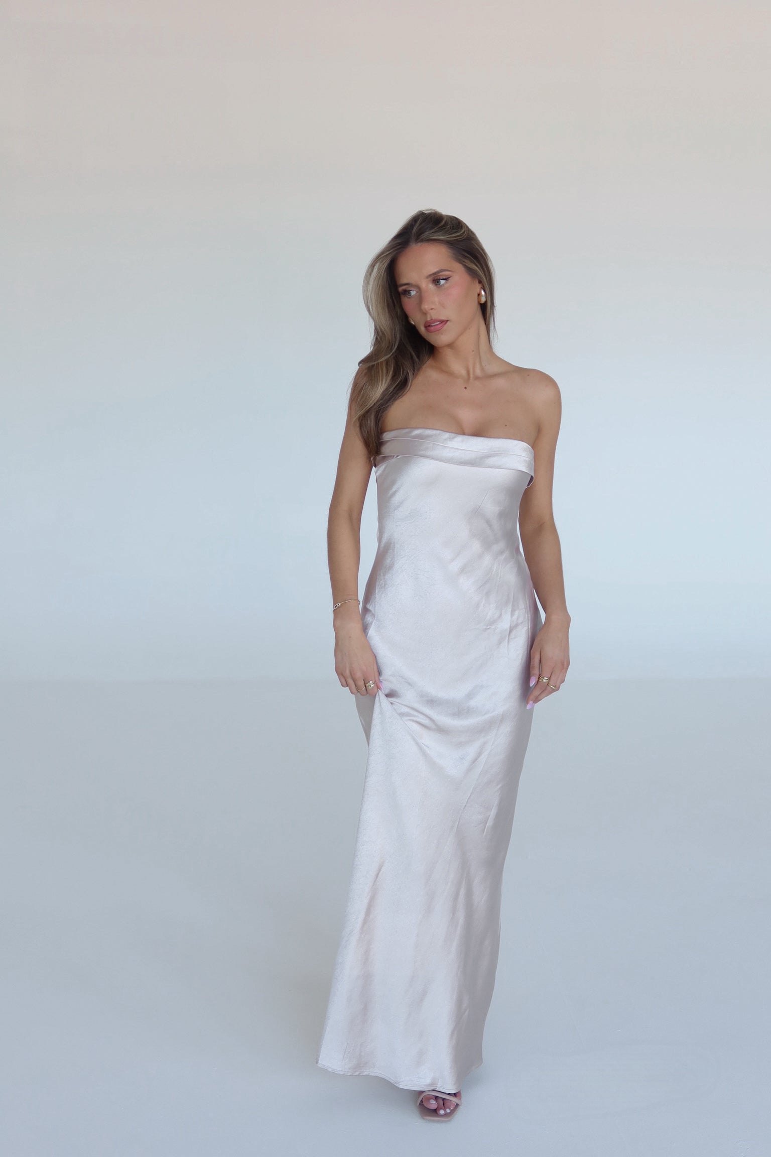 Ecru Strapless Satin Maxi Dress – Madida Clothing Ecru Strapless Satin Maxi Dress – Madida Clothing