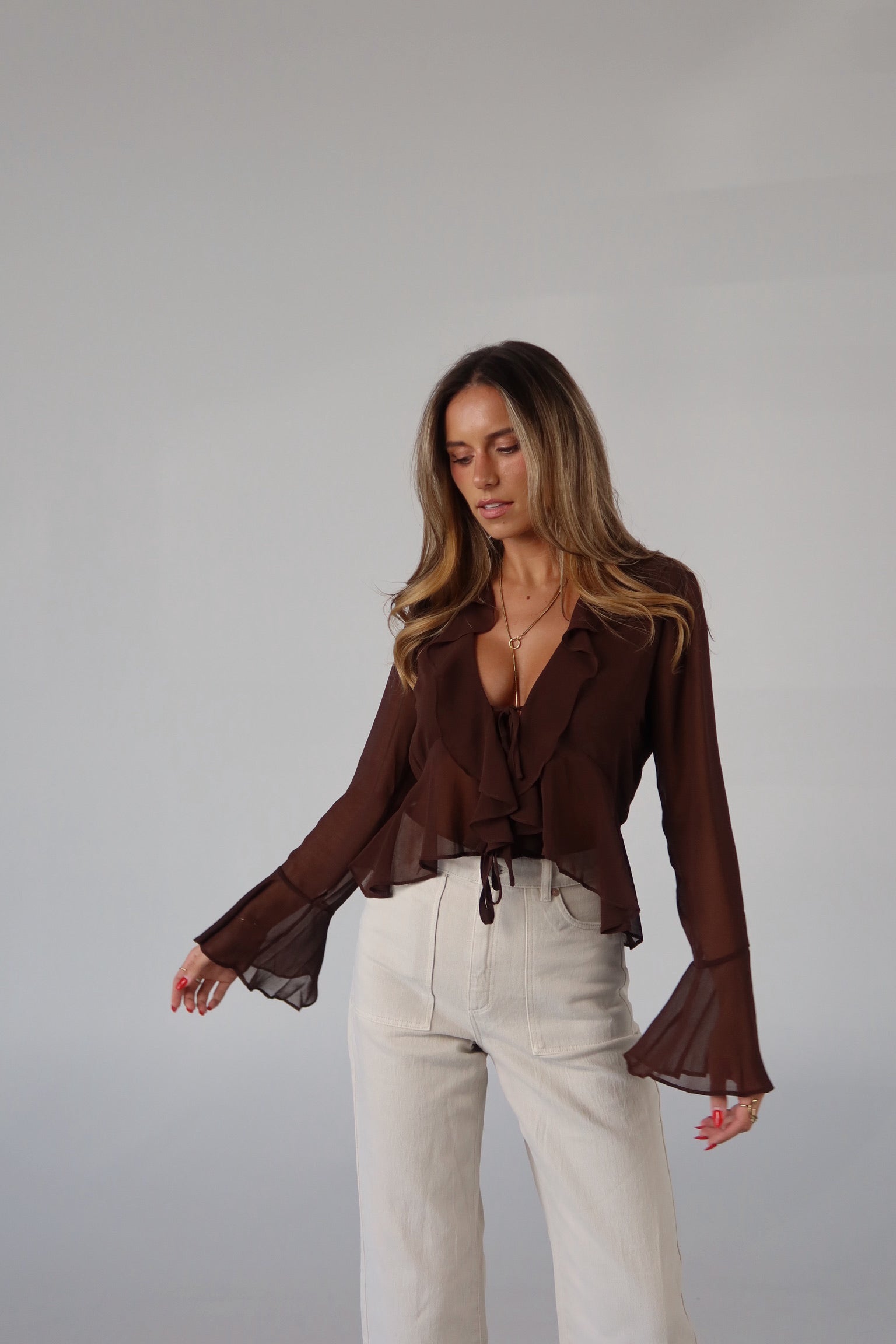 Brown Chiffon Tie-Front Top