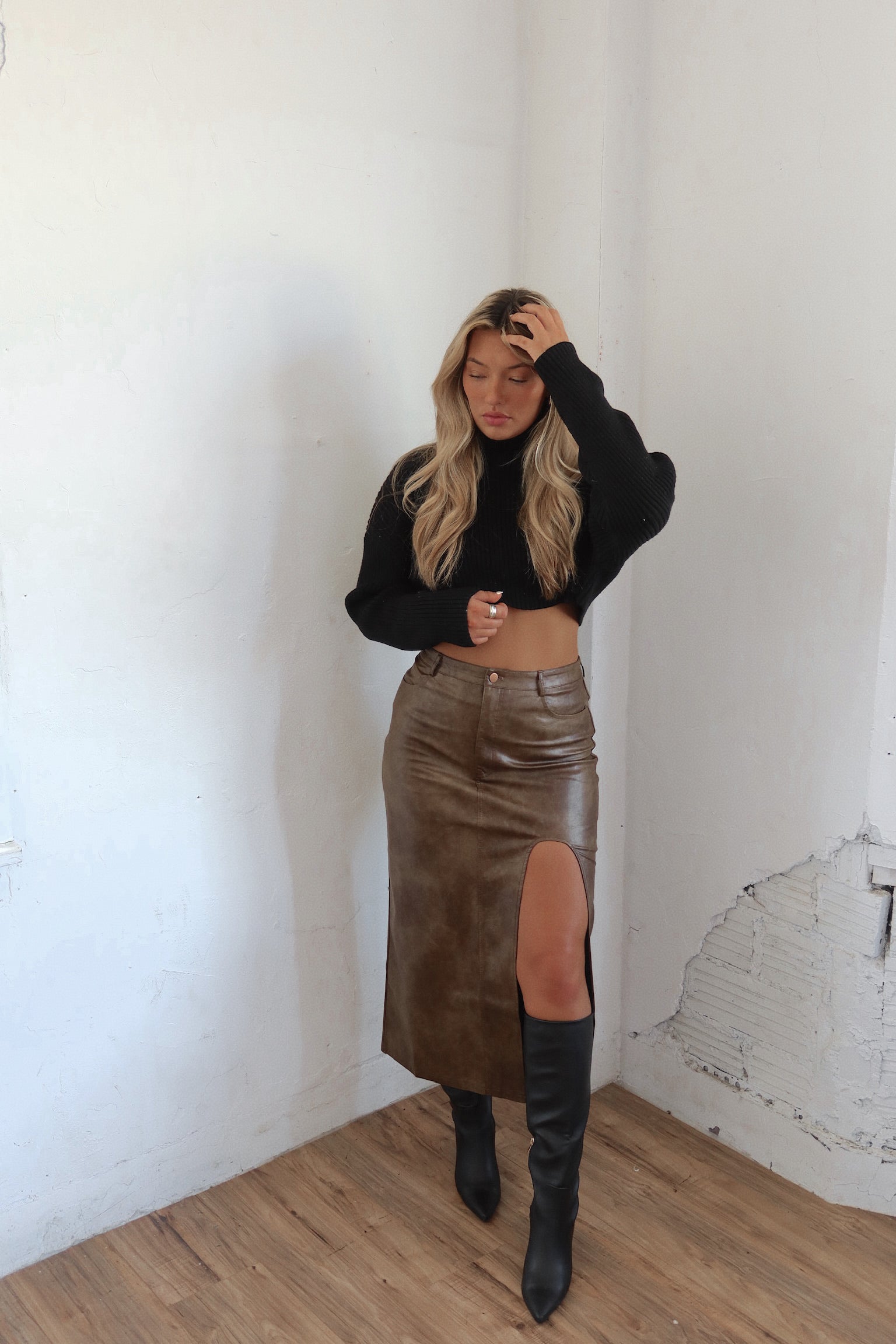 Emilee Faux Leather Midi Skirt