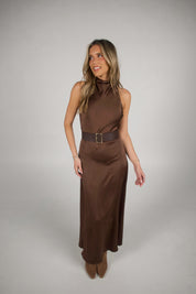Carmen Belted Satin Maxi Dress