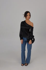 Black Satin Off Shoulder Long Sleeve Top