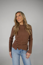 Mocha Asymmetrical Ruched Sweater Top