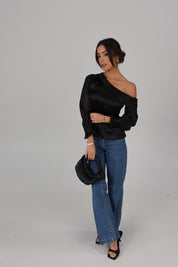 Black Satin Off Shoulder Long Sleeve Top