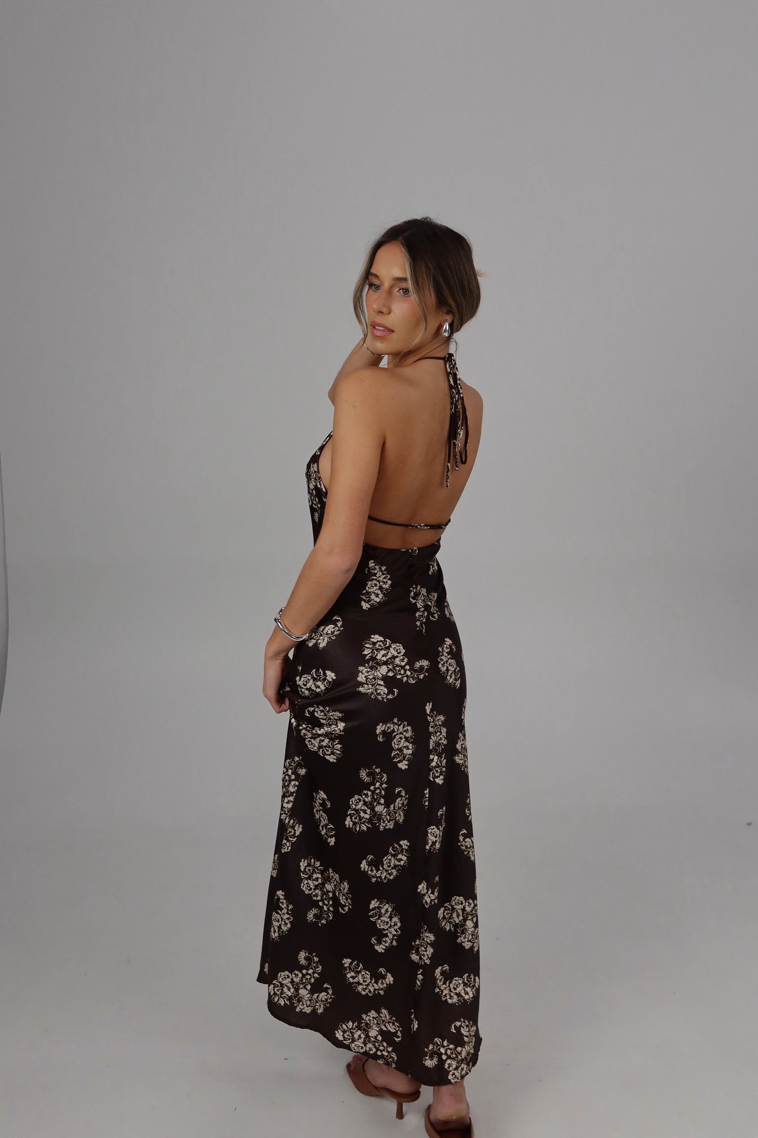 Vivienne Brown Floral Open Back Maxi Dress