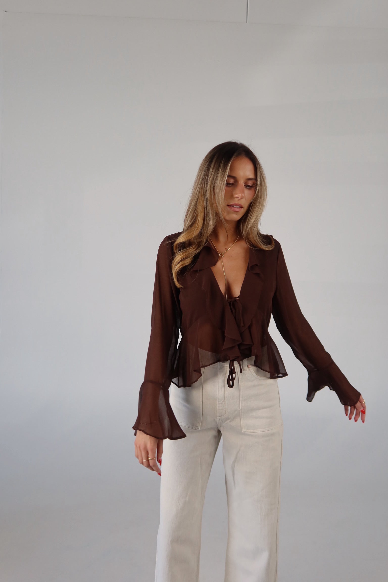 Brown Chiffon Tie-Front Top