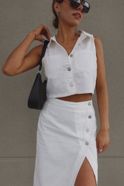 White Denim Button Down Top and Skirt Set