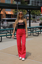 Red High Rise Linen Pant