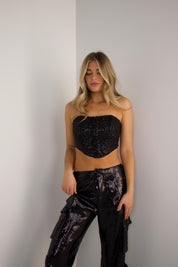 Neva Sequin Corset Top In Black