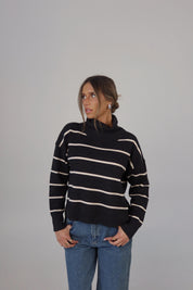 Striped Cozy Crop Turtleneck in Charcoal