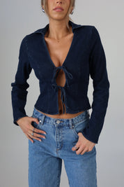 Stretch Denim Tie-Front Collared Top