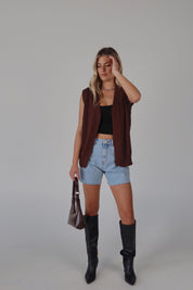 Brown Sleeveless Button-Down Sweater