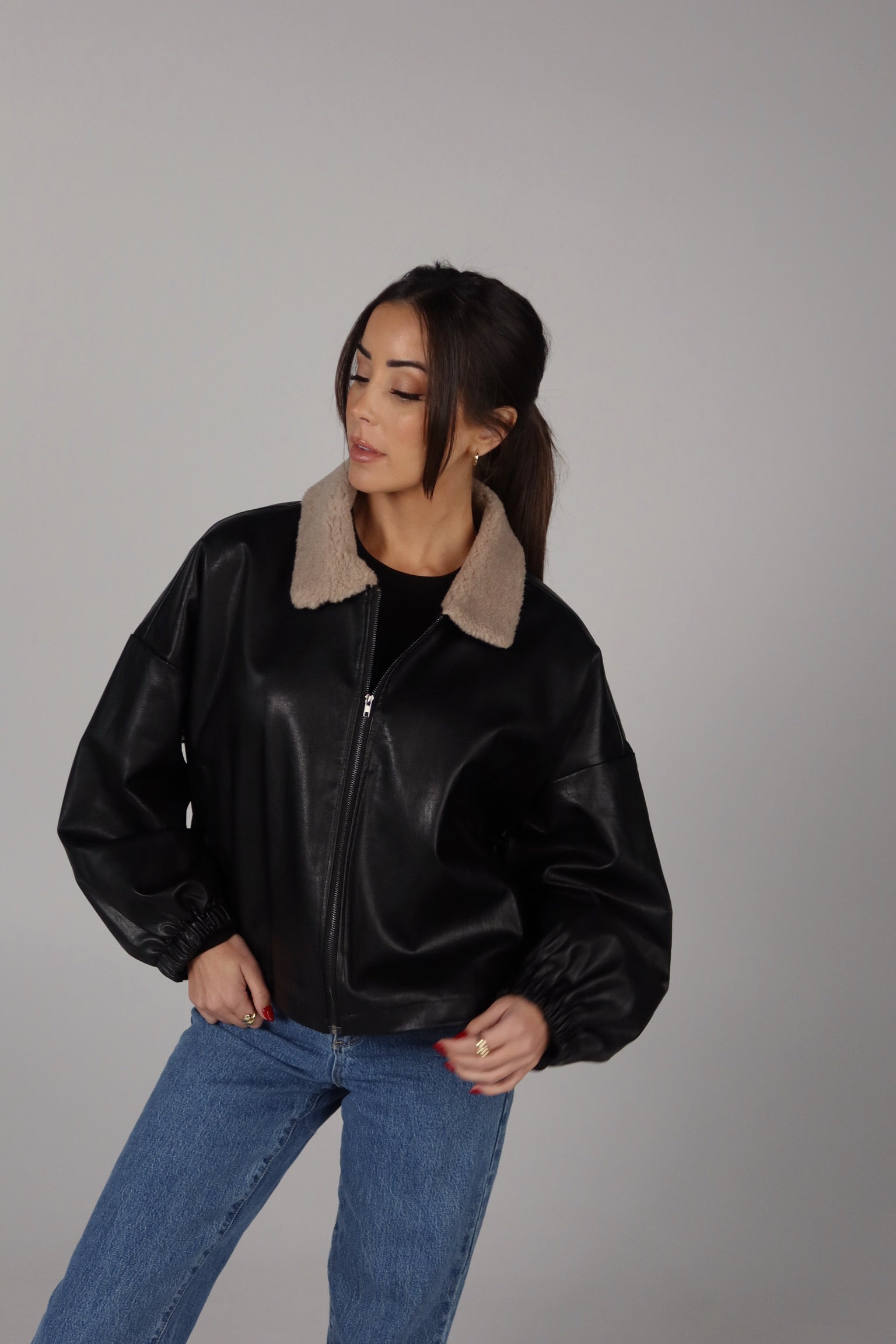 Callie Sherpa Collar Leather Jacket